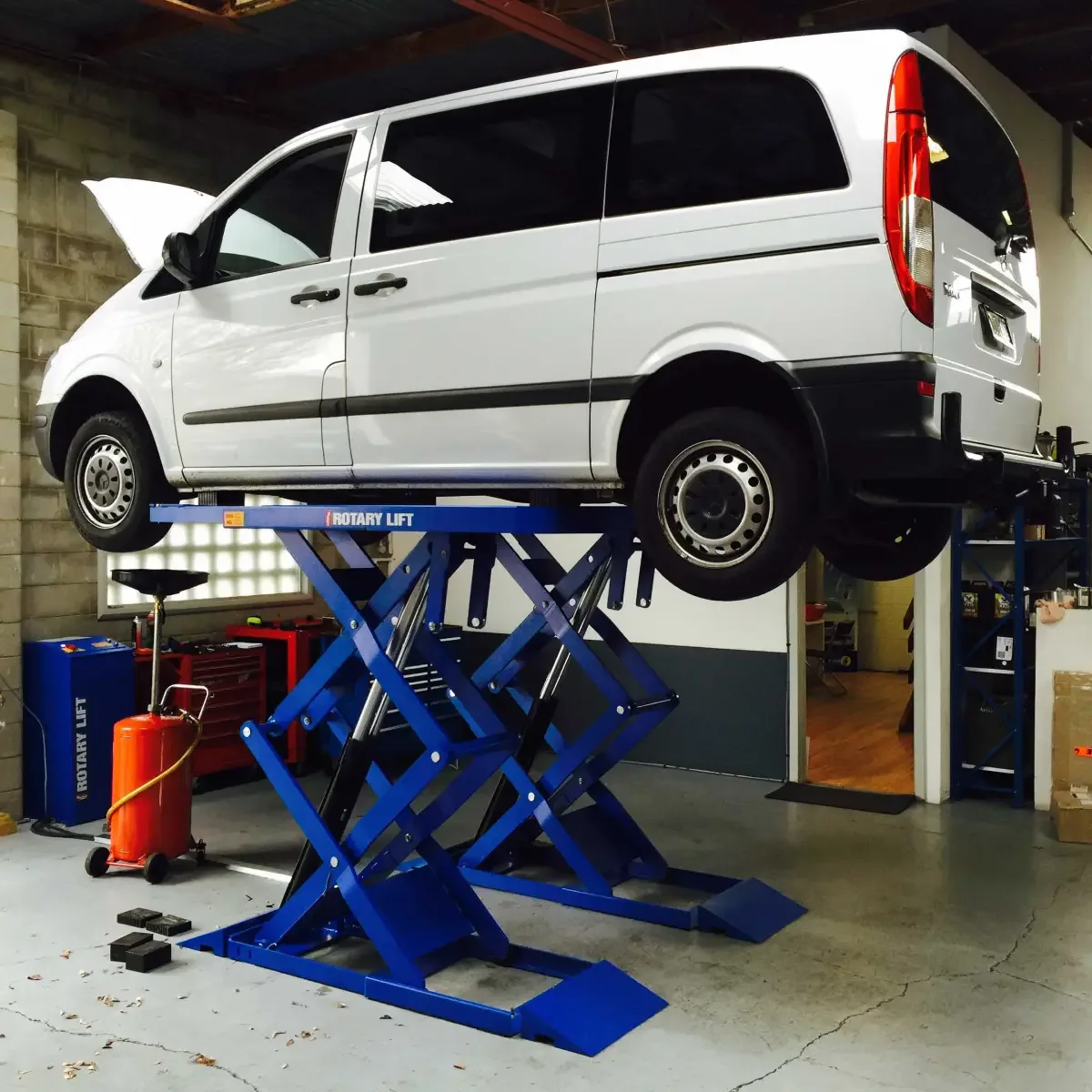 Mercedes Vito on a workshop hoist